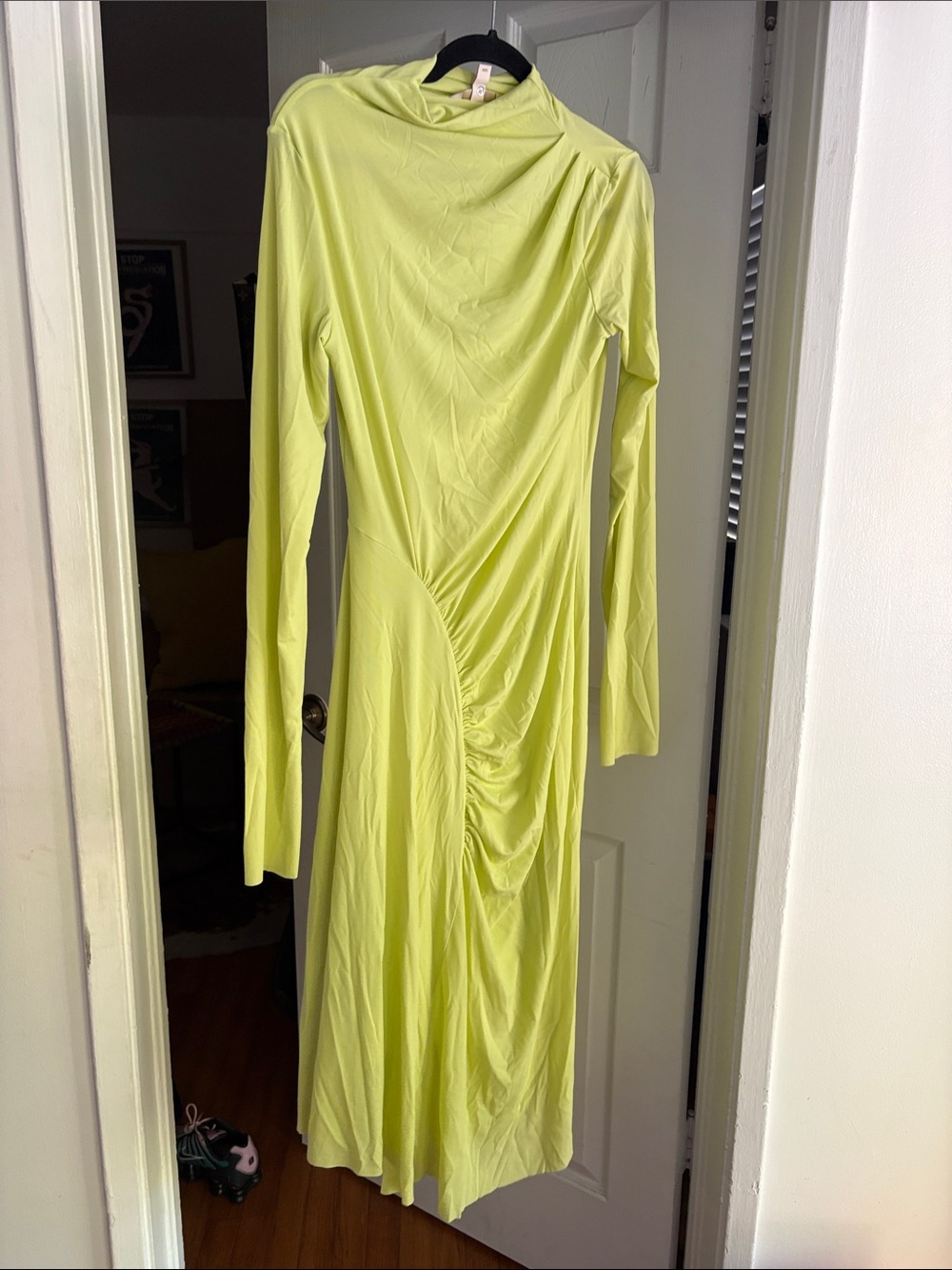 H&M Neon Lime Long Sleeve Ruched Midi Dress